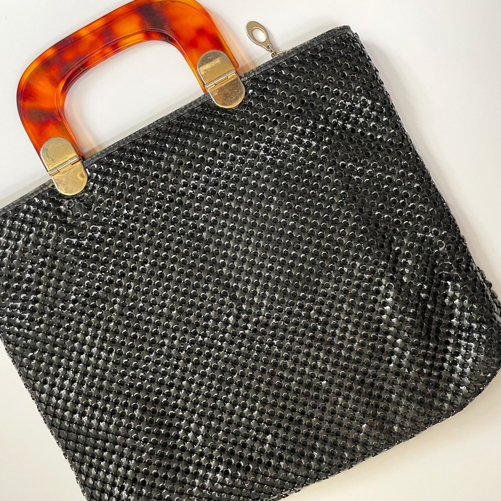 Vintage Black Metal Mesh Handbag Amber Tortoise Lucite Handle Evening Bag Retro